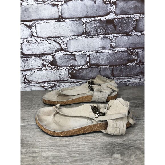 Free People Grey Suede Leather Collins Thong Chain Strappy Sandals Women 37EU/6M - Picture 1 of 16